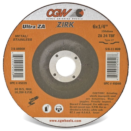 Cgw Abrasives CGW Abrasives 35621 Depressed Center Wheel 4-1/2" x 1/4" x 5/8- 11 INT T27 24 Grit Aluminum Oxide 35621